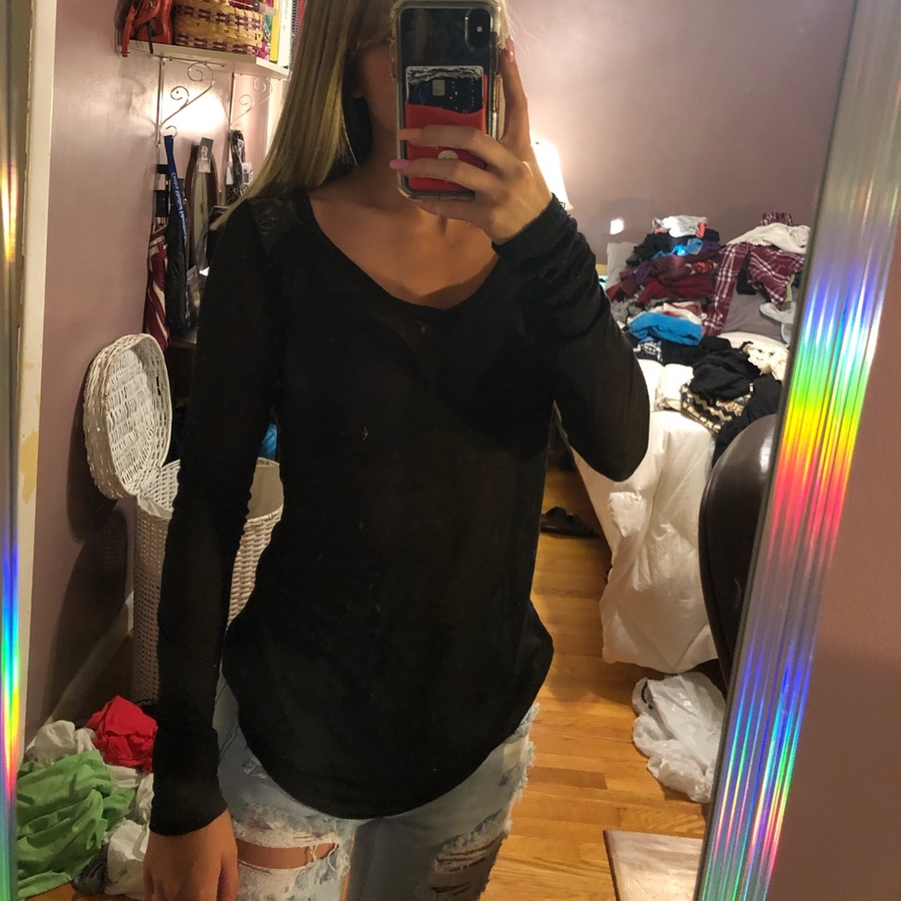 Black semi see through long sleeve shirt w lace